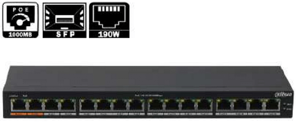 SWITCH DAHUA 16PORTS POE 190W 10/100/1000MBPS GIGABIT