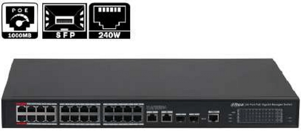 SWITCH DAHUA 24PORTS POE 240W + 2PORTS 10/100/1000 MBPS + 2PORTS SFP