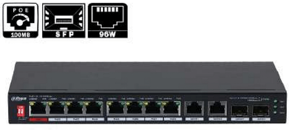SWITCH DAHUA 8PORTS POE 10/100MBPS 96W + 2PORT GIGABIT + 2PORT SFP