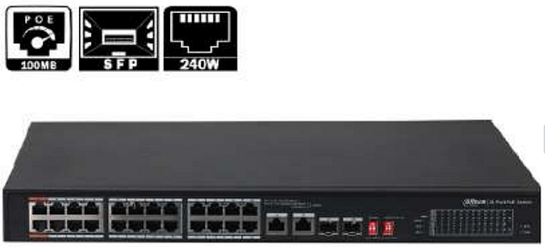 SWITCH DAHUA 24 PORTS POE 240W + 2 POTRTS 10/100/1000 MBPS + 2 PORTS SFP