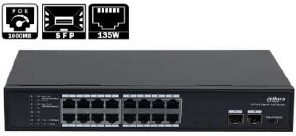 SWITCH DAHUA 16 PORTS POE 135W + 2 PORTS 10/100/1000 MBPS + 2 PORTS SFP