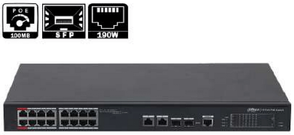 SWITCH DAHUA 16PORTS POE 190W + 2 PORTS 10/100/1000MBPS + 2PORT SFP