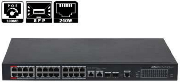 SWITCH DAHUA 24PORTS POE 240W + 2PORTS 10/100/1000 MBPS + 2PORTS SFP