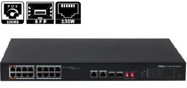 SWITCH DAHUA 16 PORTS POE 135W + 2 PORTS 10/100/1000 MBPS + 2 PORTS SFP