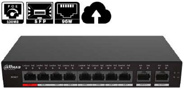 SWITCH DAHUA 8 PORTS POE 10/100MBPS 96W + 2 PORTS GIGABIT