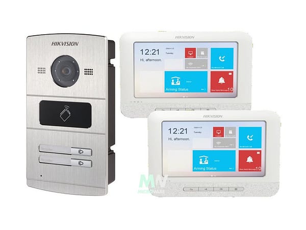 Hikvision DS-KIS601-2 Ensemble VIDEO-INTERCOM IP - 1 bouton  - 2x Moniteurs  Tactile Couleur 7" Argent, Blanc - Application Hik-Connect