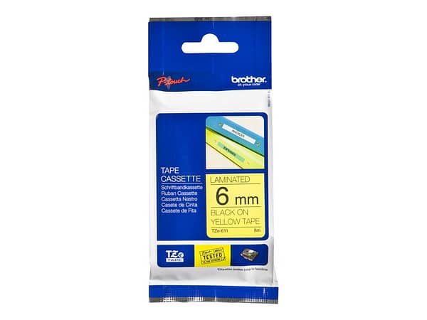 BROTHER P-TOUCH TZE611 noir sur jaune  6mm / 8m