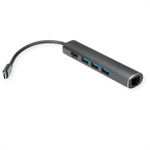 VALUE USB Type C docking station, 4K HDMI, 3x USB 3.2 Gen 1, Gigabit Ethernet, grey