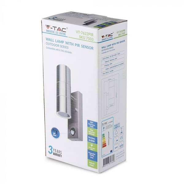 V-TAC VT-7622PIR Paroi Fitting avec PIR capteur 2xGU10 Corps en acier 2 Direction IP44